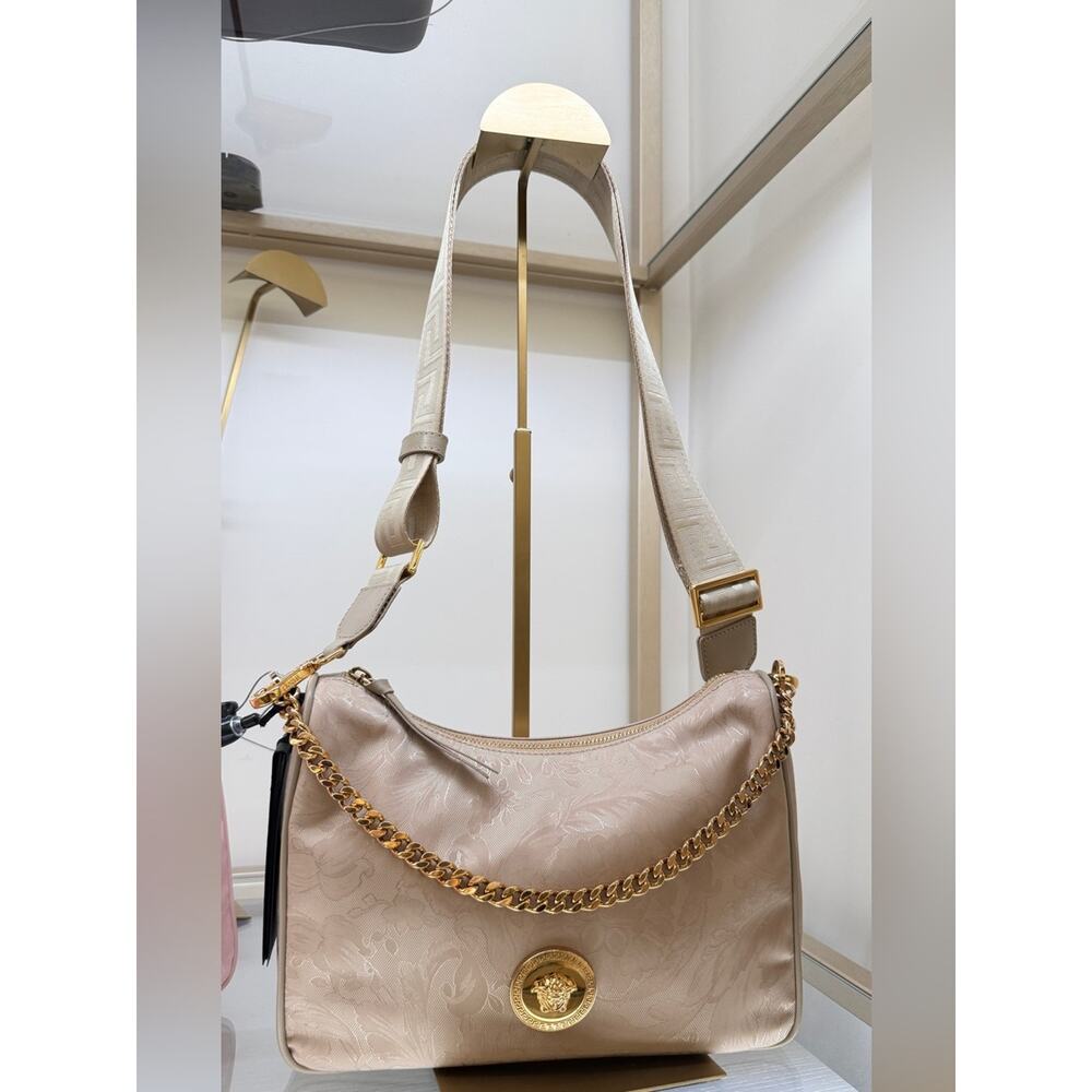 Versace Beige Shoulder Bag with Gold Chain and Medallion
